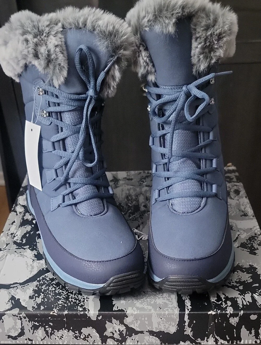 9.5 Women’s Waterproof Winter Lace-Up Boots in Slate Blue with Faux-Fur Collar - Picture 1 of 3